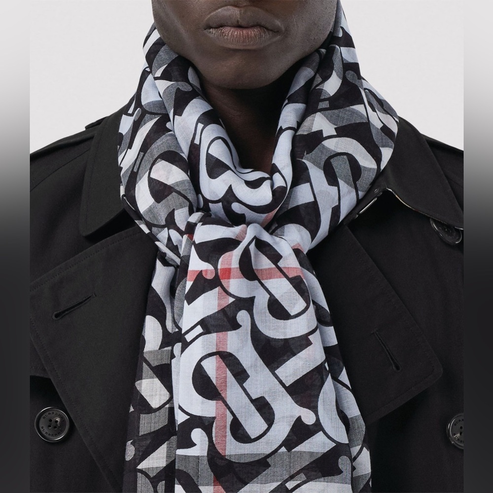 Burberry Pale Blue Monogram Print Lightweight Check Wool Silk Scarf